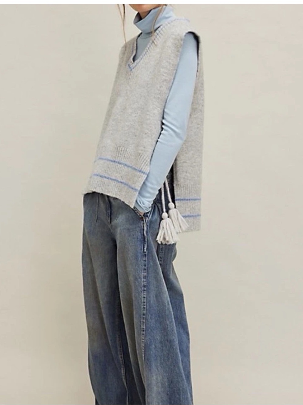 NWT Free People Knit Poncho Vest Gray Blue Stripes Tassles One Size Oversized